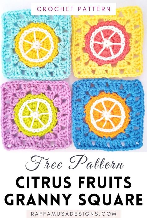 a collection of 4 citrus fruits granny squares representing a lemon, an orange, a lime, and a grapefruit Lime Granny Square, Lemon Pattern Crochet, Citrus Granny Square Pattern, Citrus Crochet Blanket, Lemon Slice Granny Square, Crochet Orange Granny Square, Lemon Granny Square Crochet Pattern, Crochet Fruit Granny Square Pattern, Crochet Orange Pattern