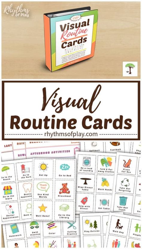 Printable visual routine cards are a powerful tool for parents and educators--they help children gain independence and know what they need to do each day. This makes them especially useful for toddlers, preschoolers, kindergarteners, autistic children, and children with special needs. Get this printable set of visual activity cards with over 150 cards and labels today! | Rhythms of Play Visual Cue Cards Free Printable, Visual Routine, Pecs Pictures, Routine Cards, Practical Life Activities, Homeschooling Resources, Cue Cards, Kids Schedule, Teaching Inspiration