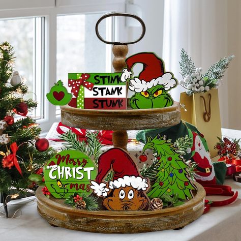 PRICES MAY VARY. 🎄【Tiered Tray Decors Set】: You will receive 1 set of 6 Pcs Christmas Grin-ch themed red and green tiered tray decorations. Each pattern is adorable and elegant with classic Christmas elements, easy to meet your holiday needs, also suitable for decorating your laminated trays in daily life. (Tiered Tray not included） 💚【Christmas Design】: Christmas tiered Tray Table Decorations use a lot of Christmas elements, delicate pattern design, bright colors, in line with the theme of fes Christmas Tray Decor, Monster Christmas, Christmas Tiered Tray Decor, Table Decor Christmas, Grinch Christmas Party, Beads Garland, Stink Stank Stunk, Tray Decor Christmas, Christmas Tiered Tray