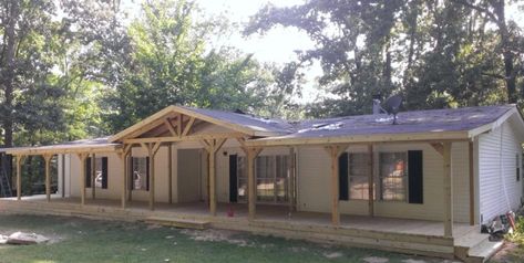 Build Onto A Mobile Home, Double Wide Front Porch, Double Wide Front Porch Ideas, Wide Front Porch, Manufactured Home Porch, Double Wide Remodel, Front Porch Deck, Mobile Home Exteriors, Mobile Home Makeovers