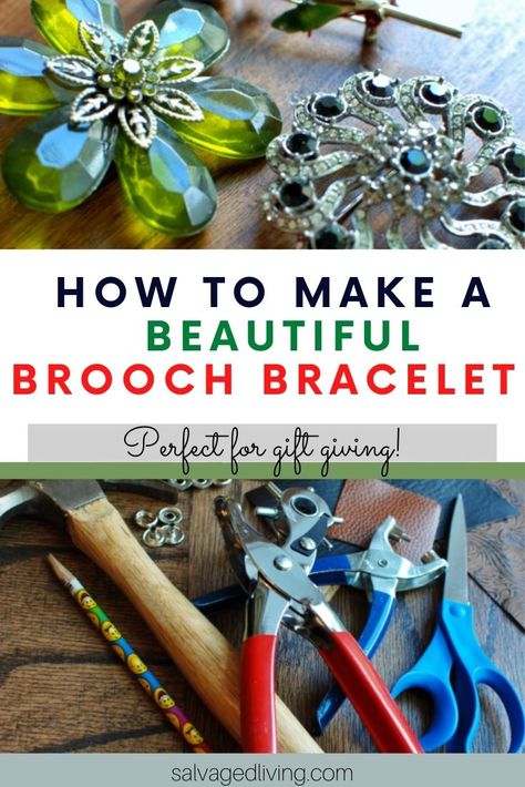 Repurpose vintage beautiful old brooches into cool, funky fun bracelets. They also make great gift ideas! #salvagedliving #upcycled #repurposed #diybroochbracelet Broaches Diy Ideas, Unusual Jewelry Handmade, Upcycle Jewelry Ideas, Upcycled Jewelry Diy, Old Jewelry Crafts Ideas, Unusual Crafts, Exercise Journal, Diy Brooch, Leather Glue