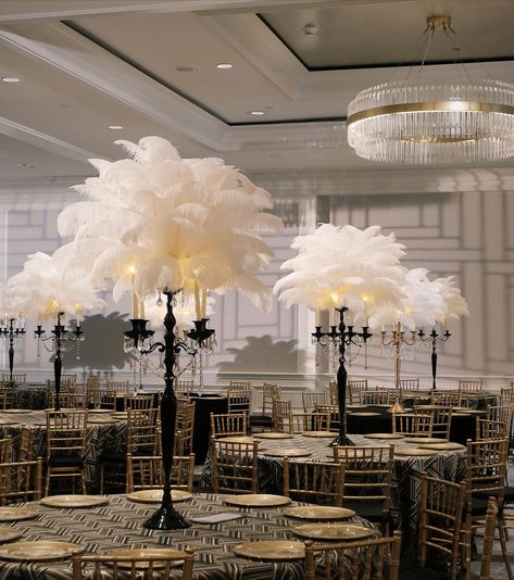 Black Candelabra Centerpiece, 20s Christmas, Masquerade Ball Decorations, Feather Centerpiece Wedding, Teal Napkins, Candelabra Centerpieces, Ostrich Feather Centerpieces, Black Candelabra, 1920s Wedding Theme