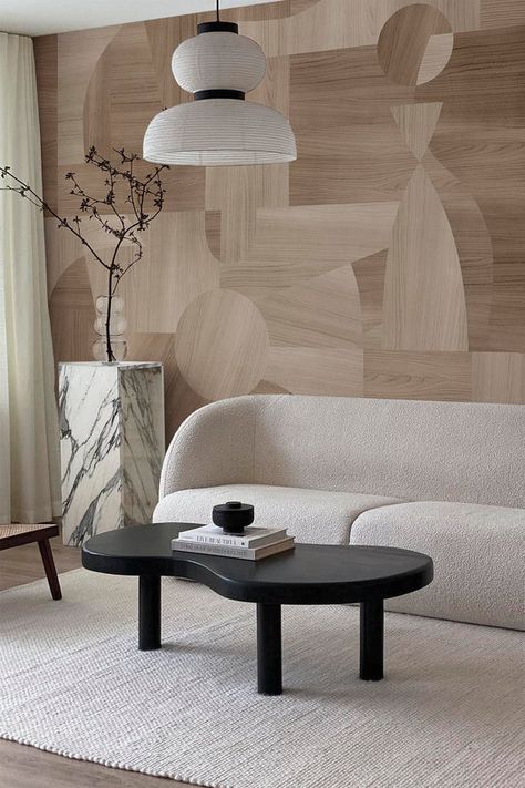 Round Rug Living Room Small Spaces, Wall Shapes Design, Japandi Lighting Living Room, Japandi Wood, Japandi Sofa, Japandi Lighting, Japandi Wallpaper, Japandi Living Room, Wood Wall Design