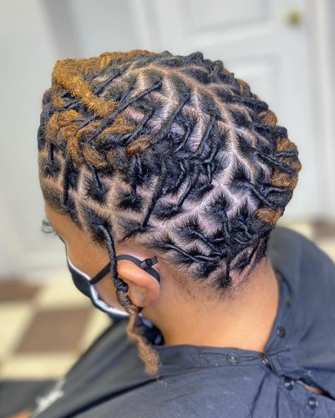 Two-Tone Braided Locs Updo Medium Length Loc Updo Styles For Women, Medium Length Dreads Styles For Women, Updo Locs Hairstyles, Medium Length Loc Styles, Braided Loc Updo, Loc Styles Medium Updo Women, Dreadlock Hairstyles For Women, Braided Locs, Locs Updo