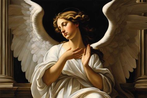 An angel prayer in the Catholic tradition refers to a form of prayer that is specifically directed towards angels. It is a serene and calm practice where Guardian Angel Pictures, Neoclassical Art, Angel Gabriel, Rennaissance Art, Angel Drawing, Angel Painting, Biblical Art, Classic Paintings, Angel Pictures