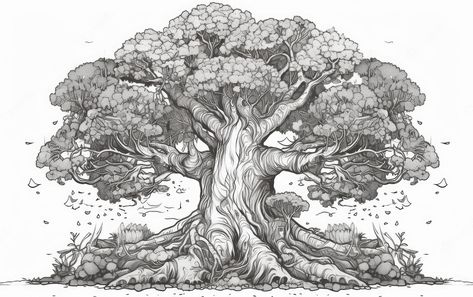 Giant Tree Drawing, Big Tree Illustration, Big Tree Drawing, Oak Tree Drawings, Hole Drawing, Tree Sketch, Tree Tattoos, Tree Sketches, Giant Tree