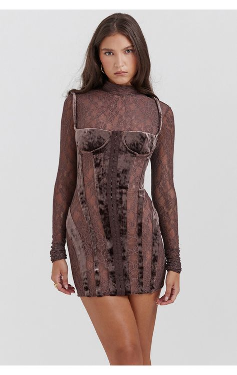 Clothing : Mini Dresses : 'Marica' Brown Velvet & Lace Corset Dress Dress Women Elegant, Corset Mini Dress, Mini Robes, Vestidos Vintage, Mini Dresses For Women, Slim Fit Dresses, Mini Velvet Dress, Slim Dresses, Lace Fashion