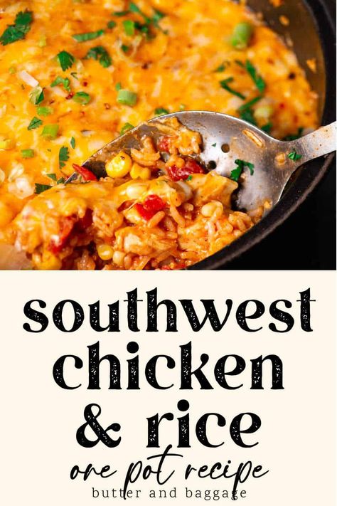 This simple one pot Southwest Chicken and Rice can be made start to finish in forty minutes. Enchilada sauce, Rotel tomatoes and taco seasoning form the Tex-Mex flavors in this delicious weeknight recipe. Chicken Cheese And Rice, Southwest Chicken And Rice, Tex Mex Chicken, Chicken Over Rice, Chicken And Rice Casserole, Easy Chicken And Rice, Cilantro Chicken, Entertaining Food, Chicken Dishes Easy