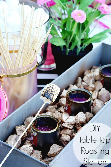 DIY Table Top Roasting Station for a s'mores night! - Click for tutorial - www.classyclutter.net Smores Party, Marshmallow Roasting, Diy Table Top, Slow Cooker Vegetarian, S'mores, Diy Cans, Recipe Organization, Baked Pumpkin, Party Entertainment