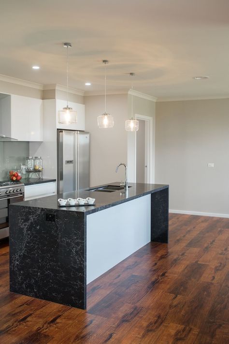 Black Marble Benchtop Kitchen, Dark Benchtop Kitchen, Black Benchtop Kitchen, Dark Wooden Floors, Marble Benchtop, Dark Island, Dark Wooden Floor, Barn House Design, Diy Kitchen Renovation