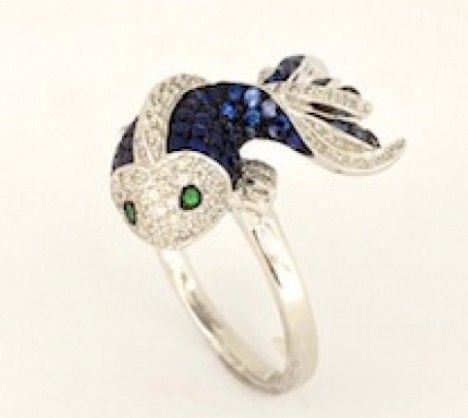 Rings | Designer Effy, Sapphire, Diamond & Tsavorite Fish Ring Fish Engagement Ring, Fish Ring Design, Effy Tanzanite Rings, Luxury Yellow Gold Fish-shaped Necklace, Fish Ring, Vintage Collectible Fish-shaped Jewelry, Round Sapphire, Animal Rings, Brilliant Diamond