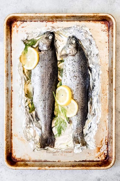 Trout In Oven, Trout Recipes Oven, Rainbow Trout Recipe Baked, Whole Trout Recipes, Baked Rainbow Trout, Pan Fried Trout, Baked Trout, Cooking Trout, Trout Recipes