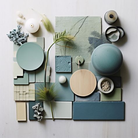 Interior design flat lay with blue and green accents. Color Pallets For The Home, Home Refresh Ideas, Colour Home, Contemporary Color Schemes, Healthcare Interior Design, Materials Board Interior Design, Home Refresh, House Color Palettes, Interior Colour