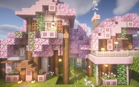 Minecraft treehouse, Cherry Blossom Trees in Minecraft, Minecraft House, Minecraft Builds. #minecraft #minecraftbuilds Trees In Minecraft, Minecraft Tree, Case Minecraft, Blossom House, Rumah Minecraft Sederhana, Minecraft Mansion, Minecraft Farm, Minecraft Cottage, Cherry Blossom Trees