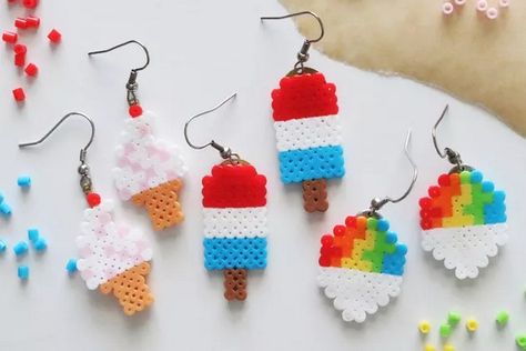 Nostalgic Perler Bead Earrings With Sweet Summer Vibes Diy Holiday Earrings, Holiday Earrings Diy, Perler Bead Earrings, Diy Christmas Earrings, Beaded Earrings Tutorials, Holiday Earrings, Melting Beads, Beaded Earrings Patterns, Perler Beads Designs