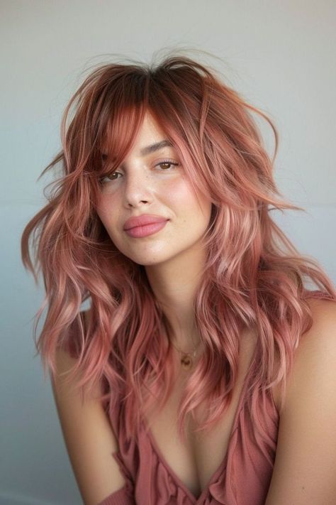 Rose Gold Hair Makeup, Rose Gold Copper Hair Color, Rose Gold Hair With Highlights, Red Hair For Natural Blondes, Late Summer Hair Color Ideas, Blondeish Redish Hair, Rose Gold Hair With Curtain Bangs, Brown Peach Hair, Rose Peach Hair