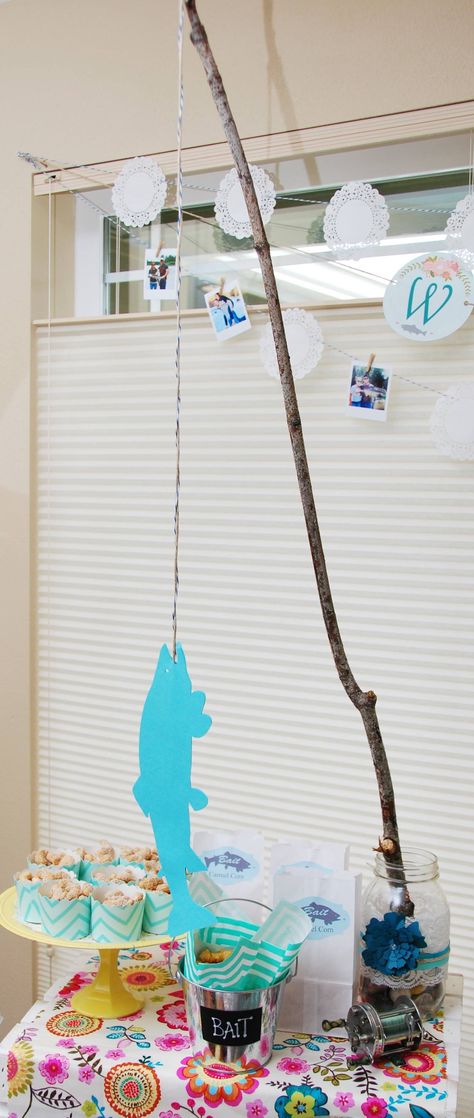 "What a Catch!" - Fishing Themed Bridal Shower — Davis & Scout Celebration Co. Fishing Theme Engagement Party, Beachy Bridal Shower Ideas, Fishing Bridal Shower Theme, Fish Bridal Shower Theme, Fishing Themed Rehearsal Dinner, Fishing Themed Wedding Decorations, Grooms Table Fishing Theme, Bridal Shower Baskets, Hobby Lobby Fabric