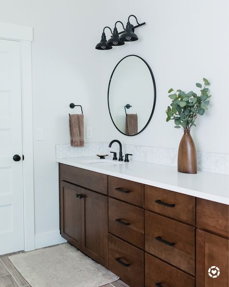 Start your morning refreshed in a modern and updated bathroom.  .  Download the LIKEtoKNOW.it app to shop this pic via screenshot http://liketk.it/2ykwa  .  #liketkit #LTKhome @liketoknow.it.home @liketoknow.it Bathroom Shiplap, Brown Vanity, Brown Bathroom Decor, Bathroom Cabinets Designs, Shiplap Bathroom, Shiplap Accent Wall, Diy Shiplap, Brown Cabinets, Farmhouse Master