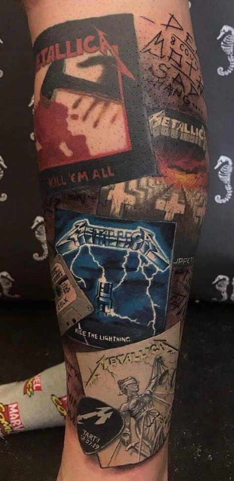 Album Cover Tattoo Sleeve, Metallica Traditional Tattoo, Injustice For All Metallica Tattoo, Heavy Metal Tattoo Sleeve, Tattoo Ideas Metallica, Metal Style Tattoo, Metalica Tattoo Designs, Metallica Star Tattoo, Metallica Sleeve Tattoo