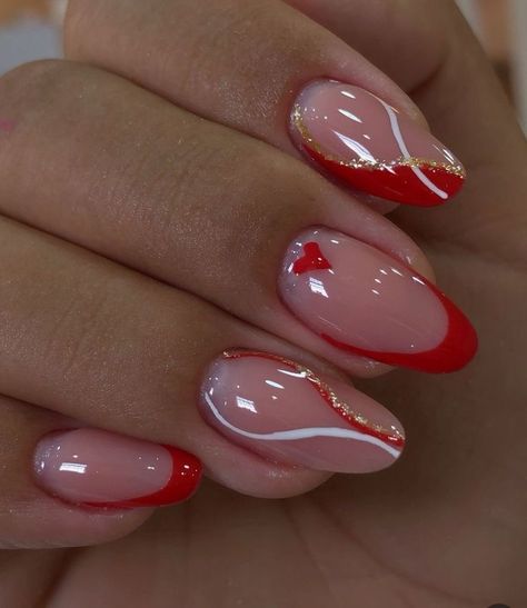 French Gel Designs, Red Nail Designs Prom Short, Nude And Red Nail Designs, Summer Red Nails, Almond Nails Red, Subtle Nails, Fancy Nails Designs, Simple Gel Nails, Girly Acrylic Nails