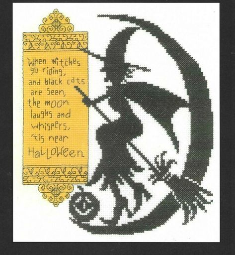 WITCHES RIDE--Poem--Halloween--Moon-Witch on Broom--Counted Cross Stitch Pattern | eBay Everything Cross Stitch, Halloween Silhouette, Witch Cross Stitch, Fall Cross Stitch, Stitch Halloween, Halloween Cross Stitch Patterns, Holiday Cross Stitch, A Broom, Halloween Cross Stitches