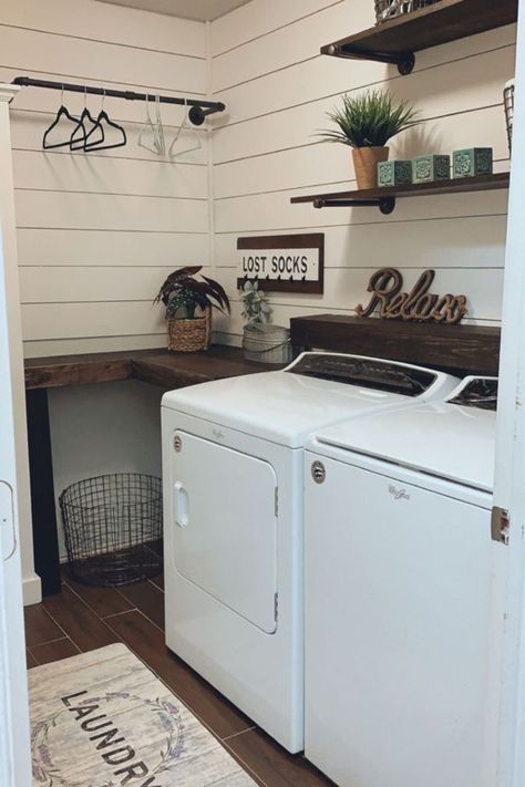 Industrial Pipe Shelf, Laundy Room, Laundry Shelves, Small Laundry Room Makeover, Rustic Laundry Rooms, Tiny Laundry Rooms, Pipe Shelf, Laundry Room Wallpaper, Dream Laundry Room