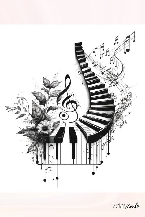 a tattoo idea for music lovers with a feminine touch Check our page for more ideas and test tattoos. Piano Music Tattoo Ideas, Music Tattoo Drawing, Guitar And Piano Tattoo, Drawing For Music Lovers, Music Arm Tattoos For Women, Accordian Tattoos, Music Back Tattoo, Percussion Tattoo Ideas, Choir Tattoo Ideas