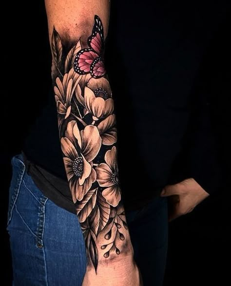 Lower Arm Tattoos For Women Flowers, Flower Quarter Sleeve Tattoos For Women, Flower Half Sleeve Tattoos For Women, Arm Flower Tattoos For Women, Butterfly And Flower Tattoo Sleeve, Best Sleeve Tattoos For Women Beautiful, Unique Half Sleeve Tattoos For Women, Side Of Forearm Tattoo Women, Dark Tattoo Cover Up Ideas For Women