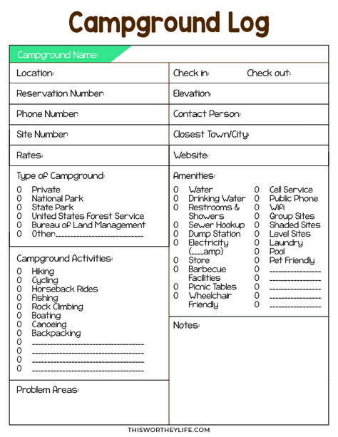 free camping log printable Camping Trip Packing List, Log Book Template, Camping Printables, Rv Camping Checklist, Camping Journal, Trip Packing, Travel Trailer Camping, Bureau Of Land Management, Camping Checklist