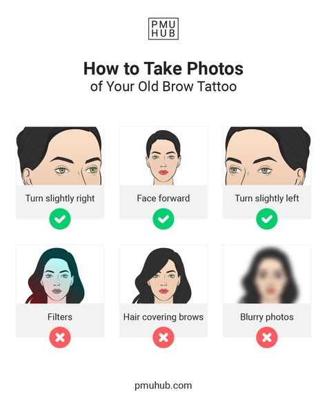 Artists who accept to microblade over an old tattoo will definitely ask for a picture of your old work (unless they see your eyebrows in person, of course). Here’s how to take the picture properly, so the artists can advise you properly on what to do next. It’s advisable to use the back camera and find good, natural light. If possible, ask someone to help you and take a photo of each eyebrow as well as straight on. Pmu Brows, Mircoblading Eyebrows, Pmu Artist, Instagram Brows, Lashes Tutorial, Brow Tattoo, Beauty Academy, Eyebrow Kits, Brow Lash