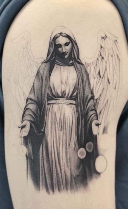 Modern Virgin Mary Tattoo, Our Lady Tattoo, Virgin Maria Tattoo, Mother Mary Tattoo Design, Hail Mary Tattoo, Holy Mary Tattoo, Mary Tattoos Catholic, Mother Mary Tattoo, Virgin Mary Tattoo Design