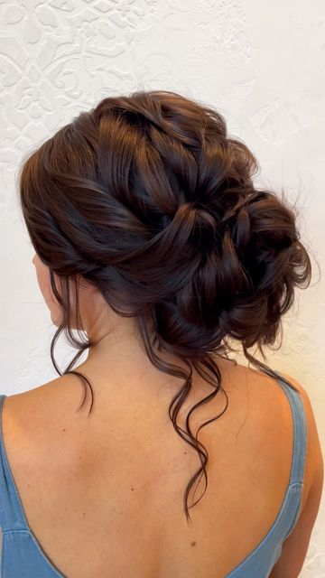 Bridal Hair Curled Updo, Low Bun With Loose Pieces, Wedding Updo Front And Back View, Updos With Hair Pieces, Fall Bridesmaid Updo, Textured Updo Wedding Brunette, Wedding Updo Strapless Dress, Low Messy Bun Wedding Hair Brunette, Half Up Half Down Wedding Hair Brunette Bridal Hairstyles