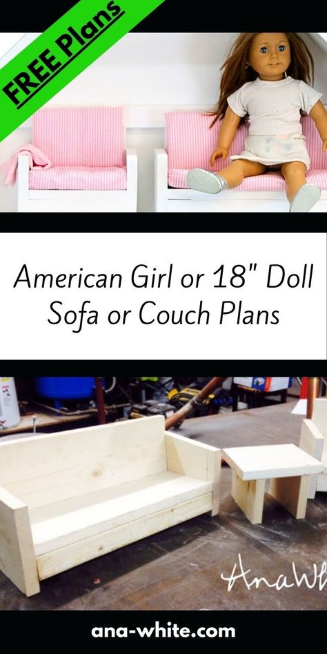 Free plans to make an American Girl or 18" doll sofa or couch. Very simple and easy to make. Tutorial by Ana-White.com American Doll Furniture Diy, Diy Baby Doll Furniture, American Girl Doll Furniture Diy, Diy American Girl Doll Furniture, Diy Doll Furniture, Doll Furniture Plans, Doll Bed Diy, Girls Tent, Baby Doll Furniture