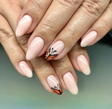 Almond Nails Butterfly, Butterfly Accent Nails, Fall Butterfly Nails, Orange Tip Butterfly, Monarch Nail Art, Spring Butterfly Nails, Almond Nail Butterfly, Orange Butterfly Nails, Monarch Butterfly Nail Art