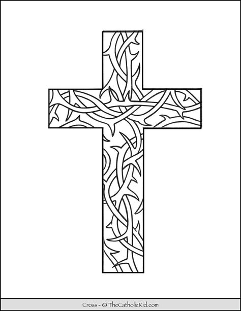 Cross Coloring Page - Thorn Pattern - TheCatholicKid.com Cross Doodle, Thorn Pattern, Cross Ideas, Cross Coloring Page, Cross Drawing, Holly Pictures, Wrist Tattoo Designs, Cross Pictures, Cross Wreath