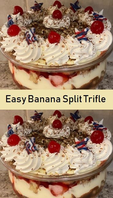 Easy Banana Split Trifle Banana Split Trifle, Banana Trifle, Strawberry Banana Cheesecake Salad, Trifle Cake, Trifle Dessert Recipes, Cheesecake Trifle, Banana Split Dessert, Trifle Desserts, Trifle Recipe