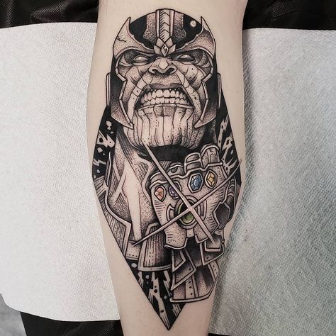 Now I have the infinity gauntlet, hohoho. Lil thanos on the back of the calf, thanks nick! 🖤🌙🖤 #nctattooers #blackworkers #darkartists… Tattoo by @cuttybage Thanos Tattoo Design, Infinity Gauntlet Tattoo, Marvel Inspired Tattoos, Thanos Tattoo, Marvel Tattoo Sleeve, Fish Bone Tattoo, Spiderman Tattoo, Avengers Tattoo, The Infinity Gauntlet