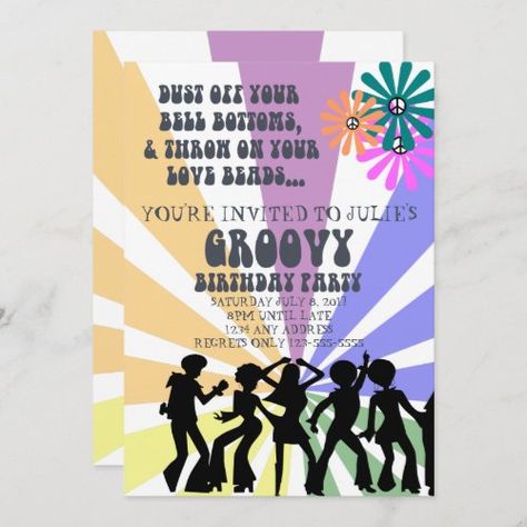 $2.92 | 60's Themed Birthday Invitation #1960, peace, flowerpower, birthday, invitation, disco, hippy, editable, customizable, personalize, supplies, handmade, scrapbooking, partyfavor, digitalart, customgraphic, trendy, modern, bellbottoms, groovy 60s Party Themes, Groovy Birthday Party, 60s Theme, 60s Party, Disco Birthday Party, Animal Birthday Invitation, Groovy Birthday, Hippie Birthday, International Day Of Peace