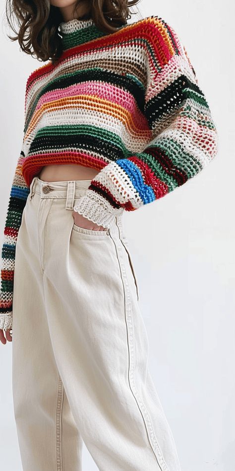 Stripe Crochet Sweater, Acrylic Yarn Projects Crochet, Ombre Yarn Crochet, Rainbow Crochet Blanket Pattern, Crochet Blanket Rainbow, Magic Circle Crochet, Scrap Crochet, Yarn Projects Crochet, Boho Crochet Patterns