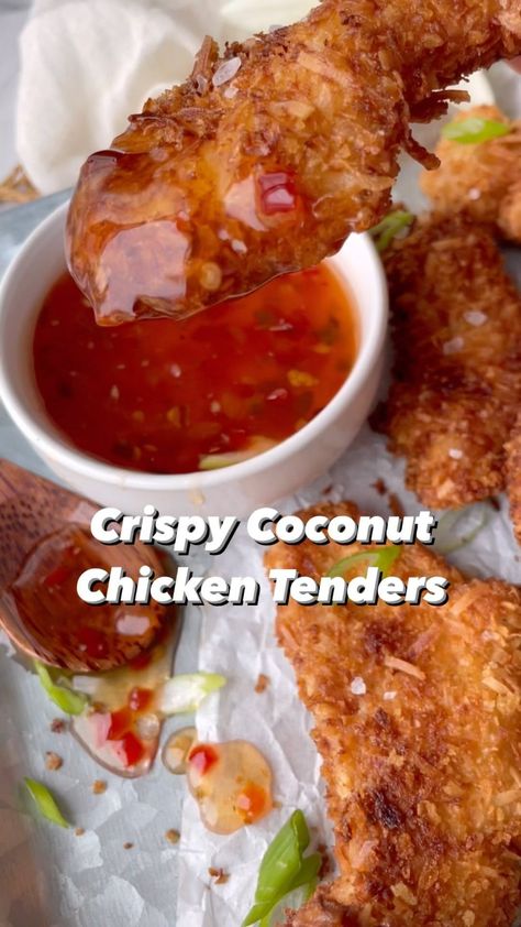 tastewithnicki on Instagram: 🍗CRISPY COCONUT CHICKEN TENDERS🍗 • The crispiest, juiciest, easiest, chicken tenders with a sweet and spicy sauce. Sprinkled with flaky sea… Crispy Coconut Chicken, Coconut Chicken Tenders, Sweet Chili Dipping Sauce, Sweet And Spicy Chicken, Sweet And Spicy Sauce, Chicken Tenderloins, Coconut Chicken, Sweet Chili Sauce, Coconut Recipes