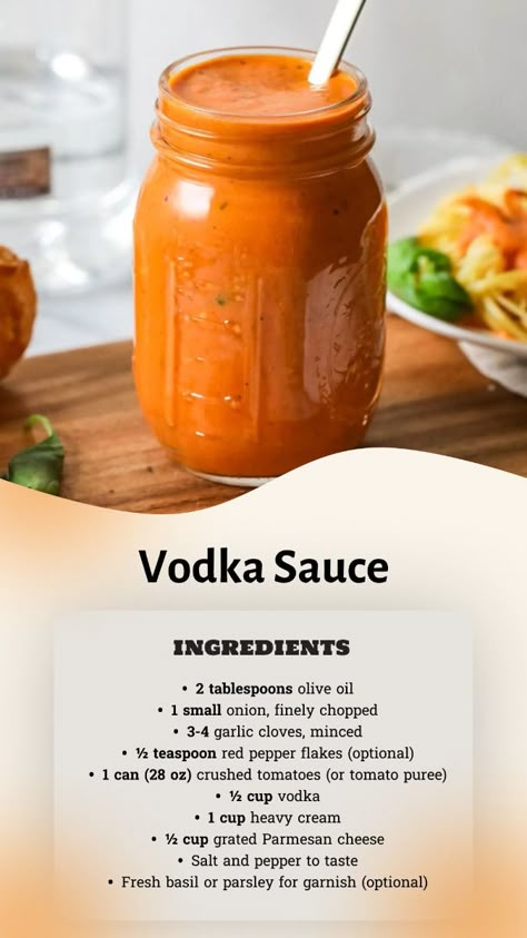 Discover how to make the best vodka sauce at home! This easy recipe begins with sautéing onions and garlic in olive oil, followed by a touch of red pepper flakes. Stir in crushed tomatoes and vodka, letting the alcohol cook off before adding rich heavy cream. Finish with Parmesan cheese for a smooth, creamy texture. Perfect for pairing with your favorite pasta. Save this pin to try this delicious vodka sauce today! Vodka Sauce With Meatballs, Diy Vodka Sauce, How To Make Vodka Sauce, Pasta Recipes Vodka, Easy Vodka Sauce Recipe, Vodka Sauce Recipes, Homemade Vodka Sauce Recipe, Meatballs And Vodka Sauce, Pasta With Vodka Sauce Recipes