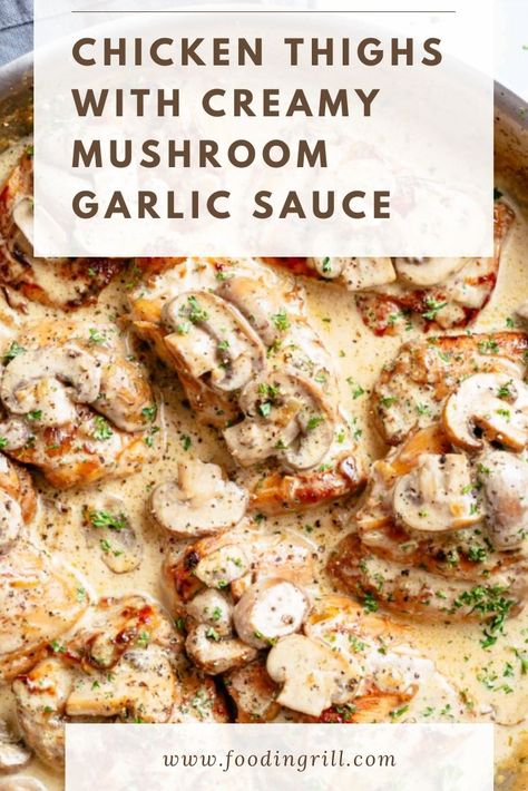 Chicken Thighs With Creamy Mushroom Garlic Sauce crispy boneless chicken thighs in a thick, creamy mushroom sauce with garlic, herbs and parmesan cheese. chicken thigh recipes With all the chicken th... Check more at https://whowhere.co/chicken-thighs-with-creamy-mushroom-garlic-sauce/ Crispy Boneless Chicken Thighs, Bird Recipes, Garlic Sauce For Chicken, Mushroom Garlic, Chicken Thigh Recipe, Frugal Cooking, Recipes Meat, Chicken Skillet, Steamed Chicken