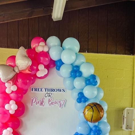 Sparkle Event Designs LLC on Instagram: "Free throws or pink bows gender reveal. 🎀🏀 ✨ ✨ ✨ #freethrowsorpinkbows #genderreveal #genderrevealballoons #genderrevealparty #tropicalpark #genderrevealideas #genderrevealballoon" Goals And Bows Gender Reveal, Gender Reveal Basketball Or Bows, Free Throws And Pink Bows Gender Reveal, Basketball Or Bows Gender Reveal, Free Throws Or Pink Bows Gender Reveal Decorations, Free Throws Or Pink Bows, Free Throws Or Pink Bows Gender Reveal, Ballon Column, Bow Gender Reveal