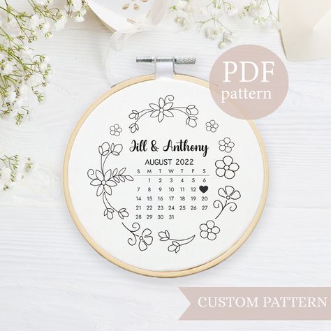 Embroidery Calendar Pattern, Floral Embroidery Patterns Templates, Embroidery Calendar, Calendar Embroidery, Wreath Embroidery Pattern, Anniversary Calendar, Embroidery Guide, Diy Embroidery Projects, Wedding Calendar