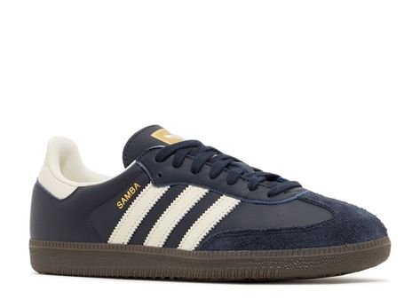 Samba OG 'Night Navy Gum' - Adidas - ID2056 - night navy/cream white/gum | Flight Club Addias Shoes, Blue And White Adidas, Sambas Adidas Women Outfit, Samba White, Navy Blue Shoes, Adidas Shoes Mens, Pretty Shoes Sneakers, Flight Club, Samba Og