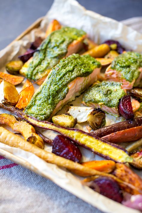 Roasted Vegetables and Sage Pesto Baked Salmon Sage Salmon Recipe, Pesto Baked Salmon, Sage Pesto, Salmon And Veggies, Flaked Salmon, Pesto Salmon, Roasted Vegetable Recipes, Half Baked Harvest, Mediterranean Diet Recipes