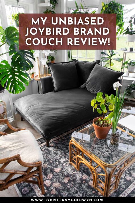 Looking for an unbiased Joybird sofa review? I bought the Denna single arm chaise in velvet Royale Gunmetal, and I'm providing my review of the ordering process, shipping, and the couch itself. One Arm Couch, Joy Bird Couch, Cozy Sofa Deep Couch, Joybird Furniture Living Rooms, Boho Chaise, Joybird Couch, Home Sunroom, Comfy Sofa Living Rooms, Article Couch