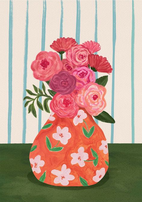 Art Prints – Tikkled Pink Vase Illustration Art, Flower In Vase Illustration, Easy Paintings Flowers, Wattle Painting, Vase Art Drawing, Flower Vase Illustration, Flower Vase Still Life, Vase Of Flowers Painting, Colourful Still Life