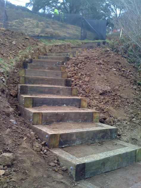 Build Stairs, Outside Stairs, Sloped Backyard Landscaping, Landscape Stairs, Landscape Steps, Landscaping On A Hill, Sloped Yard, Sloped Backyard, Landscaping Retaining Walls