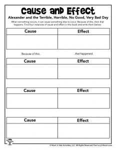 Alexander and the Terrible, Horrible, No Good, Very Bad Day Lesson Plan | Woo! Jr. Kids Activities : Children's Publishing Cause And Effect Worksheet, Cause And Effect Worksheets, High School Pictures, Cause Effect, History Worksheets, Halloween Worksheets, Compound Words, Unit Studies, Reading Response